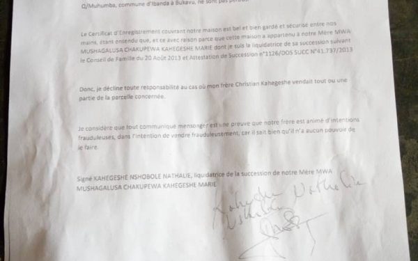 Bukavu-Dossier foncier: la famille Kahegeshe dénonce les tentatives de vente de sa maison.