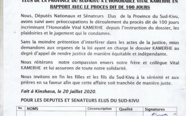 Sud-Kivu: Le Caucus des Députés et Sénateurs appellent à une justice équilibrée et indépendante pour Vital Kamerhe.