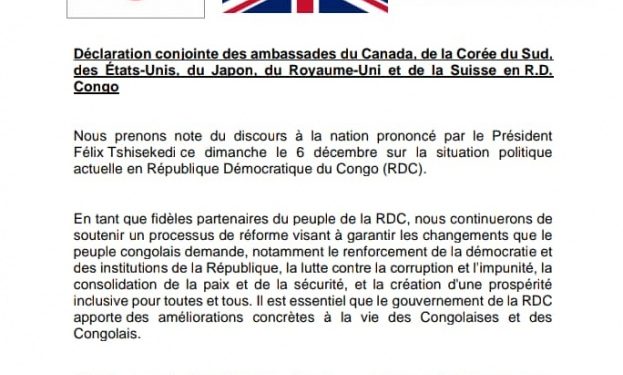 Union sacrée : le Canada, la Corée du Sud, les États-Unis, le Japon, le Royaume-Uni et  la Suisse prennent note du discours de Felix Tshisekedi